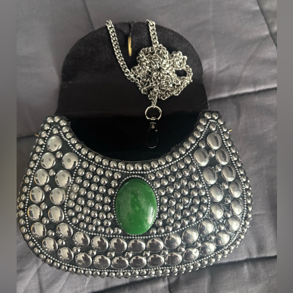 Silver Beaded Clutch with Green Stone